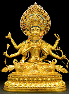 闯隆铜铸尊胜佛母带背光鎏金摆件