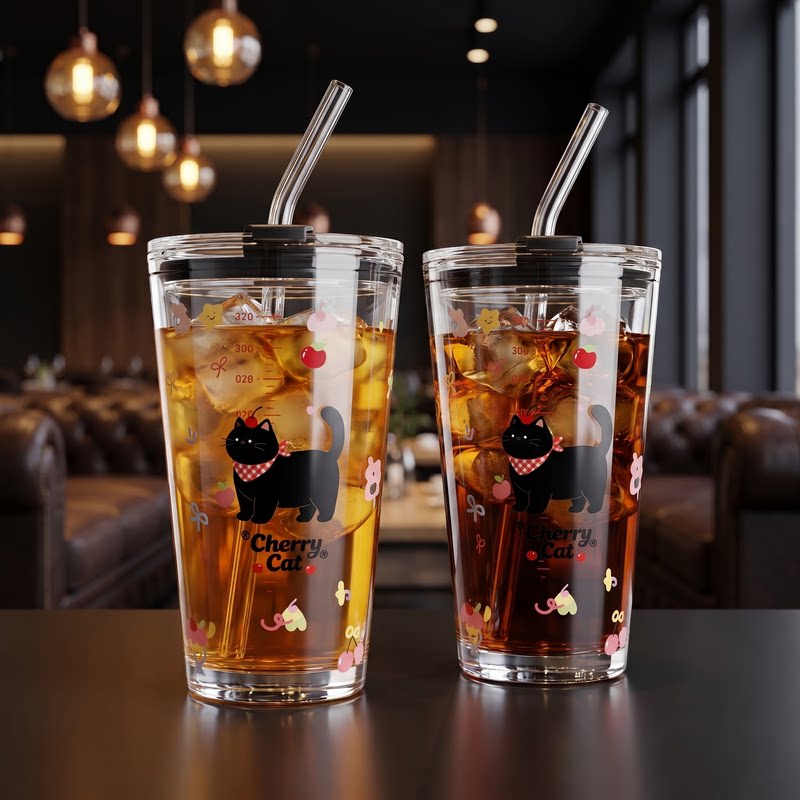 治愈系Cherry猫卡通玻璃杯带吸管刻度可爱猫咪办公学校高颜值水杯