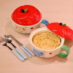 可爱小象陶瓷釉下彩泡面碗食堂打饭碗个人专用带盖手柄碗学生微波