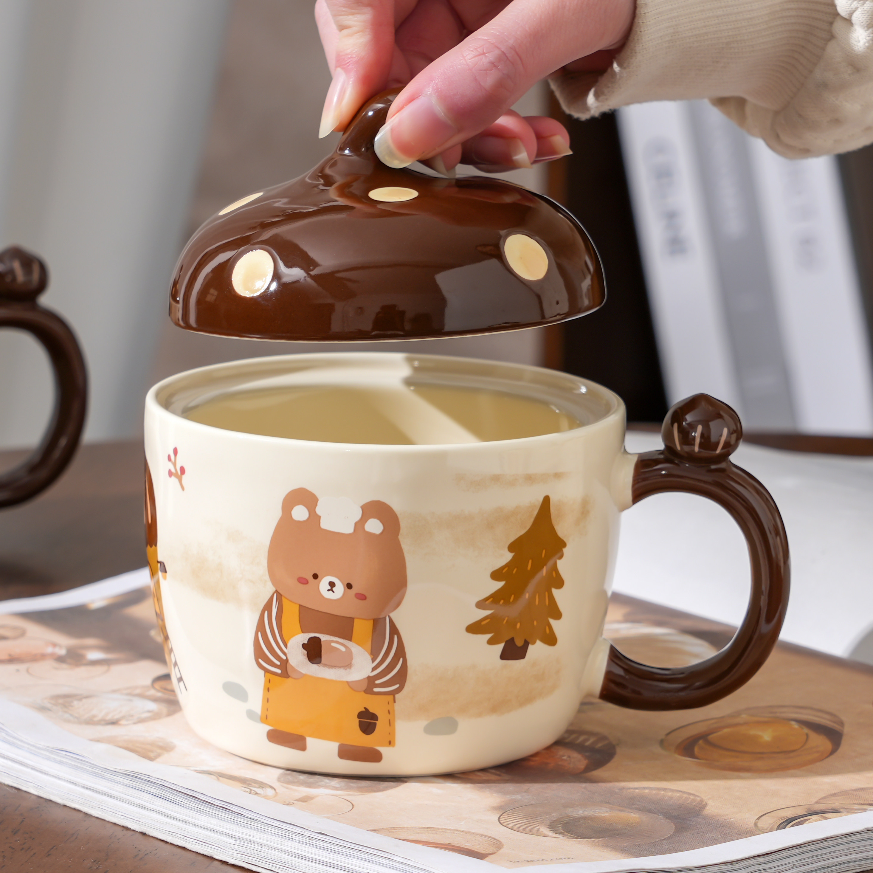 栗子小熊卡通陶瓷杯可爱带盖创意早餐咖啡杯新款高颜值耐热马克杯,餐饮具,马克杯,淘宝优惠券,粉丝福利购,淘宝优惠卷