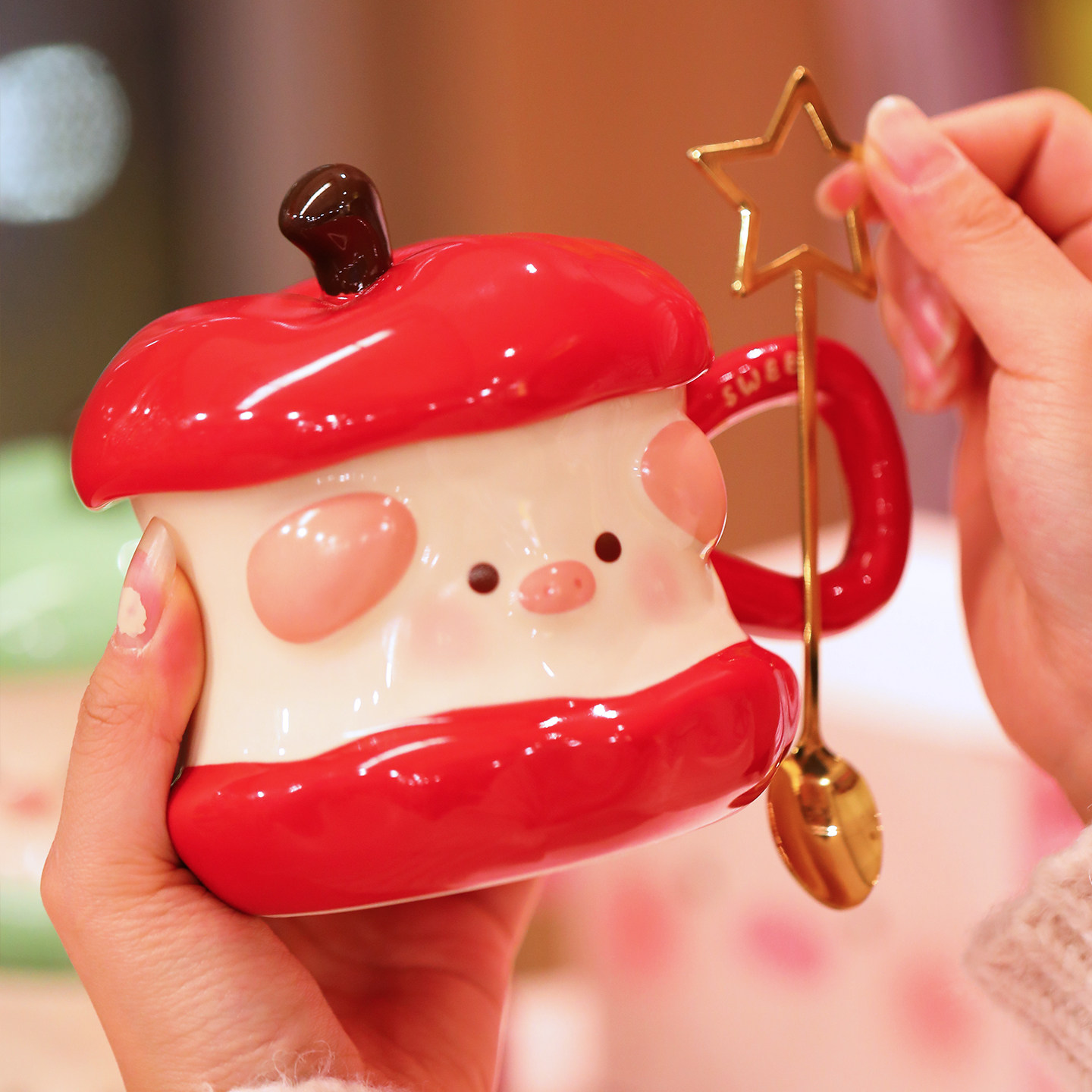 可爱苹果猪陶瓷马克杯带盖勺创意治愈系水杯生日礼物圣诞节伴手礼