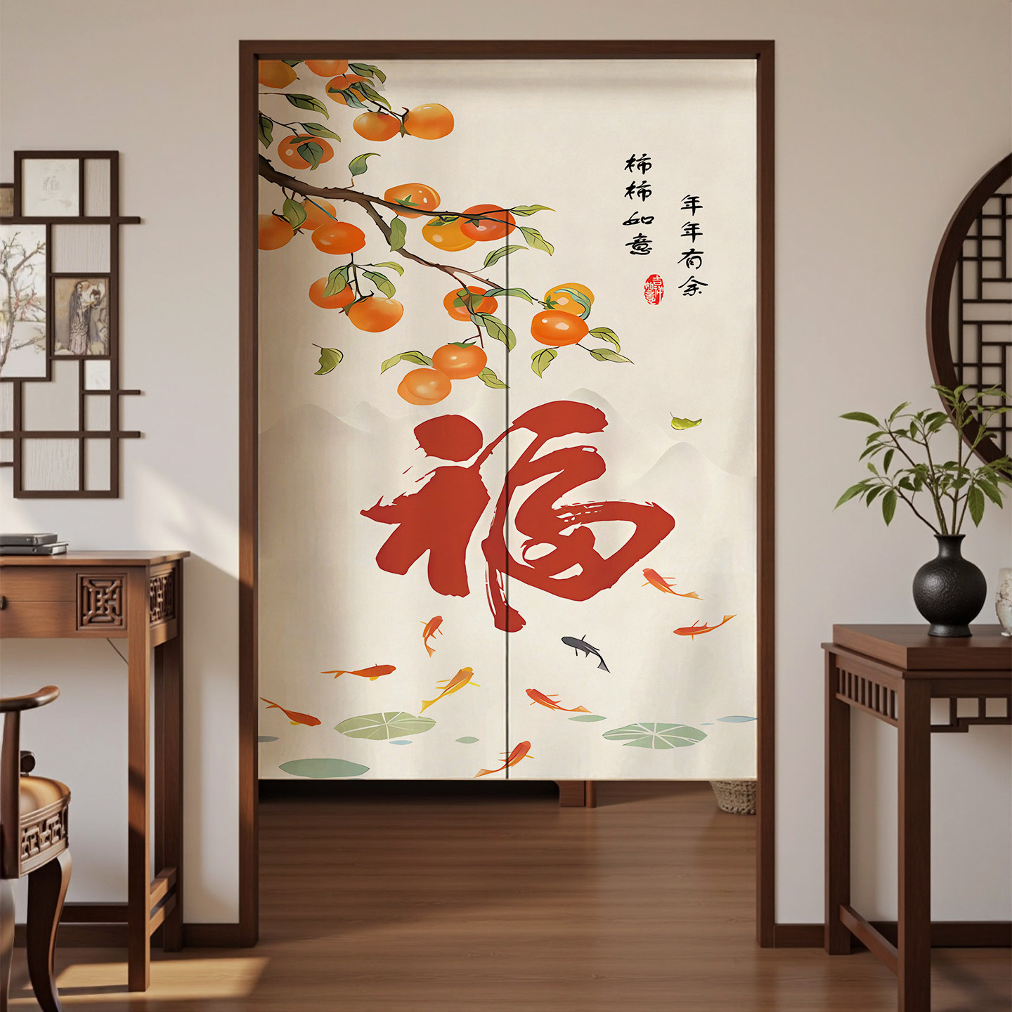 免打孔中式双面图案门帘卧室房间家用隔断帘半截卫生间风水遮挡帘