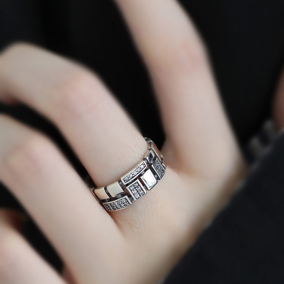 925银几何方形做旧复古开口戒指女复古轻奢小众设计百搭指环饰品