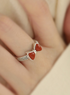 925纯银蝴蝶结南红玛瑙戒指2025年可调节指环小众国风新中式饰品