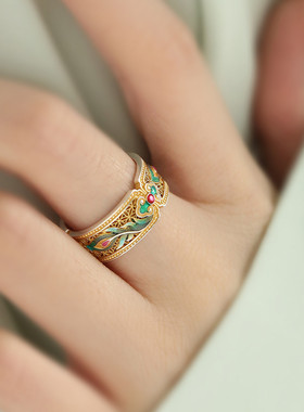 足银999珐琅羽毛开口戒指2025年可调节指环女简约高级感百搭饰品