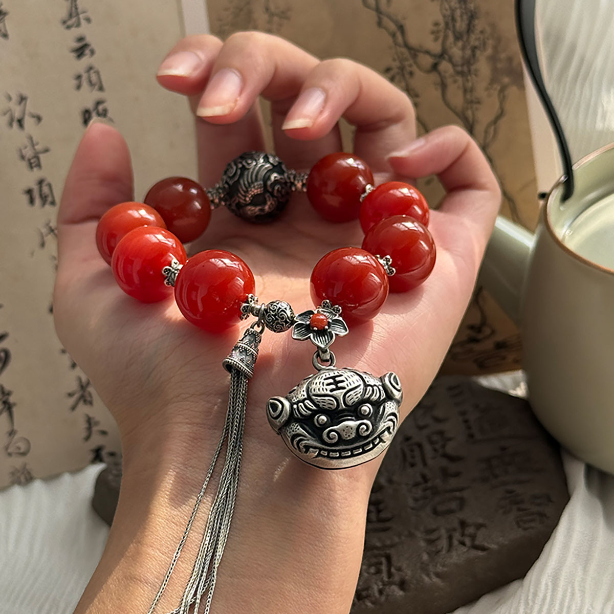足银复古玛瑙凤凰气质手链女新中式民族风小众设计首饰手串