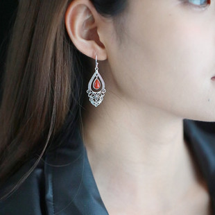 925纯银南红玛瑙水滴耳钩花朵耳环复古国风新中式百搭耳饰显脸瘦