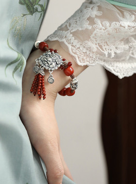 足银999南红玛瑙圆珠复古醒狮手链女国风新中式轻奢小众手环饰品