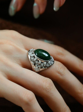 925银和田玉椭圆复古风戒指女指环食指高级感尾戒女戒指女