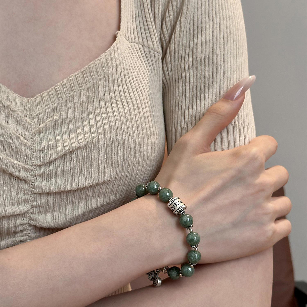 925银手串通勤风翡翠A货竹节手链女轻奢小众设计高级感手环