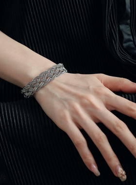 925银复古编织镂空宽面手镯女2025年轻奢高级实心镯子饰品