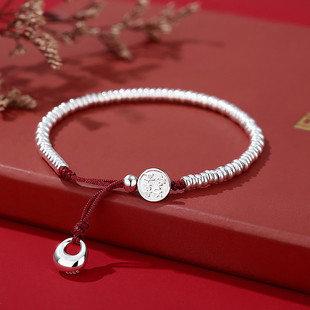 S925银盘缠手串手链女新中式国潮本命马年碎银几两红绳手饰