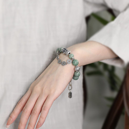 足银999翡翠A货珠珠貔貅手链女复古国风新中式时尚百搭手环饰品