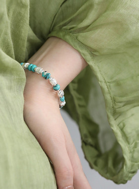 925银绿松石算盘珠国潮风手链扁圆文玩手串25年新中式首饰