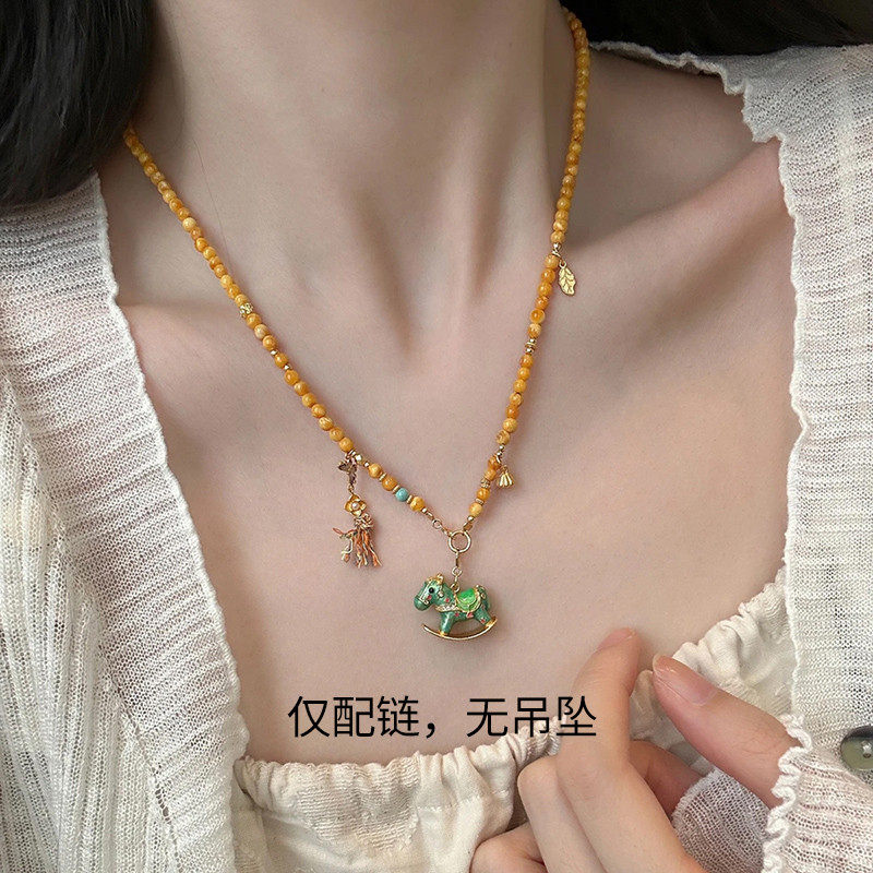 925银复古琥珀蜜蜡圆珠珐琅蝴蝶抽拉项链女小众设计新中式国风