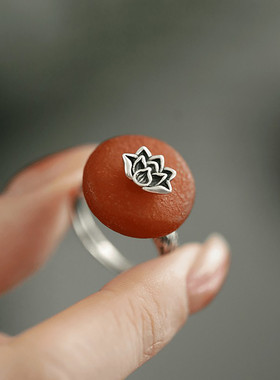 925银琥珀蜜蜡莲花民族风小众设计新中式戒指女指环食指高级感