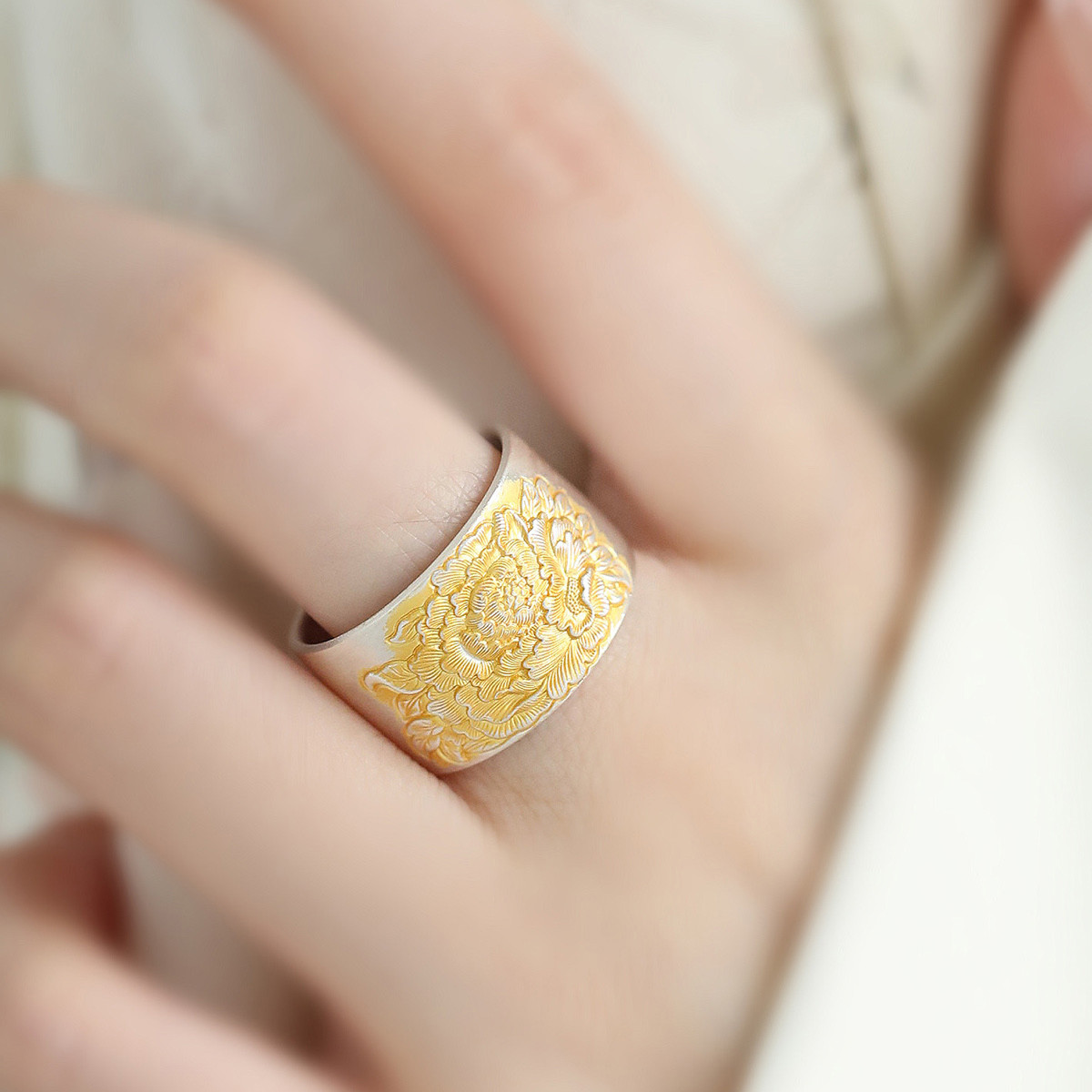 足银999牡丹花描金宽面戒指女2025年小众设计民族风百搭指环饰品