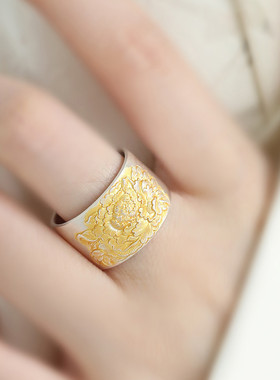 足银999牡丹花描金宽面戒指女2025年小众设计民族风百搭指环饰品