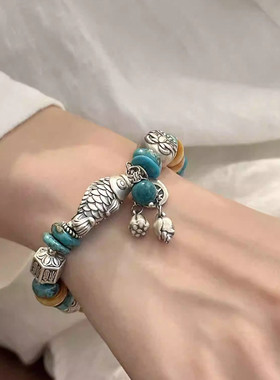 足银绿松石鱼手串复古风复古手链女新中式敦煌风首饰小众设计