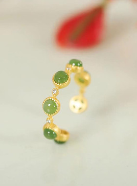 复古撞色925纯银和田碧玉女生戒指可调节小众个性七星环设计指环