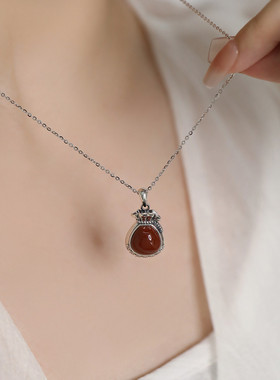 925银南红玛瑙钱袋镂空吊坠女项链小众设计感复古国风新中式饰品