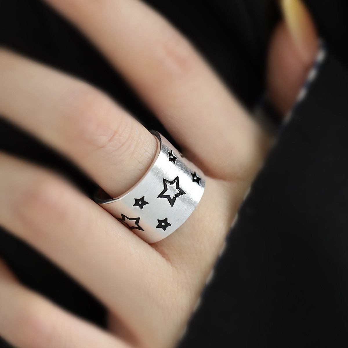 925银拉丝星星宽面开口戒指女2025年小众设计高级感指环饰品饰品