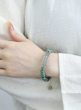 925银翡翠A货算盘珠五帝钱花朵手链女复古国风新中式小众设计手环