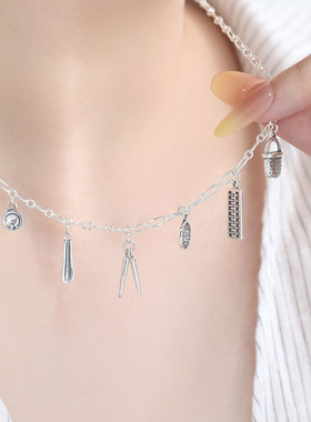 925银算盘项链女民族风锁骨链女轻奢高级感小众设计链子毛衣链