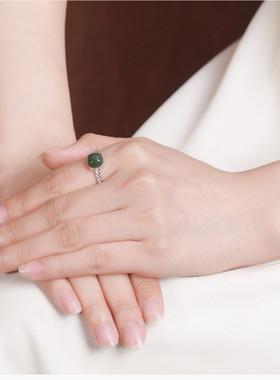 925银和田玉方圆戒指新款女气质高级感中式国潮小众新中式食指戒