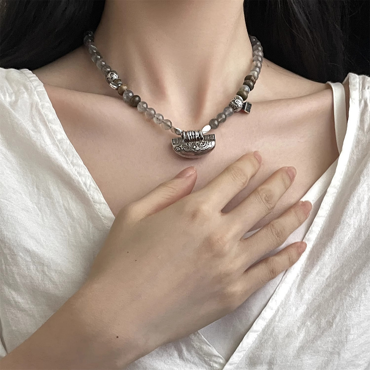 925银锁吊坠项链轻奢高级感时尚百搭珠珠国风新中式锁骨链女饰品