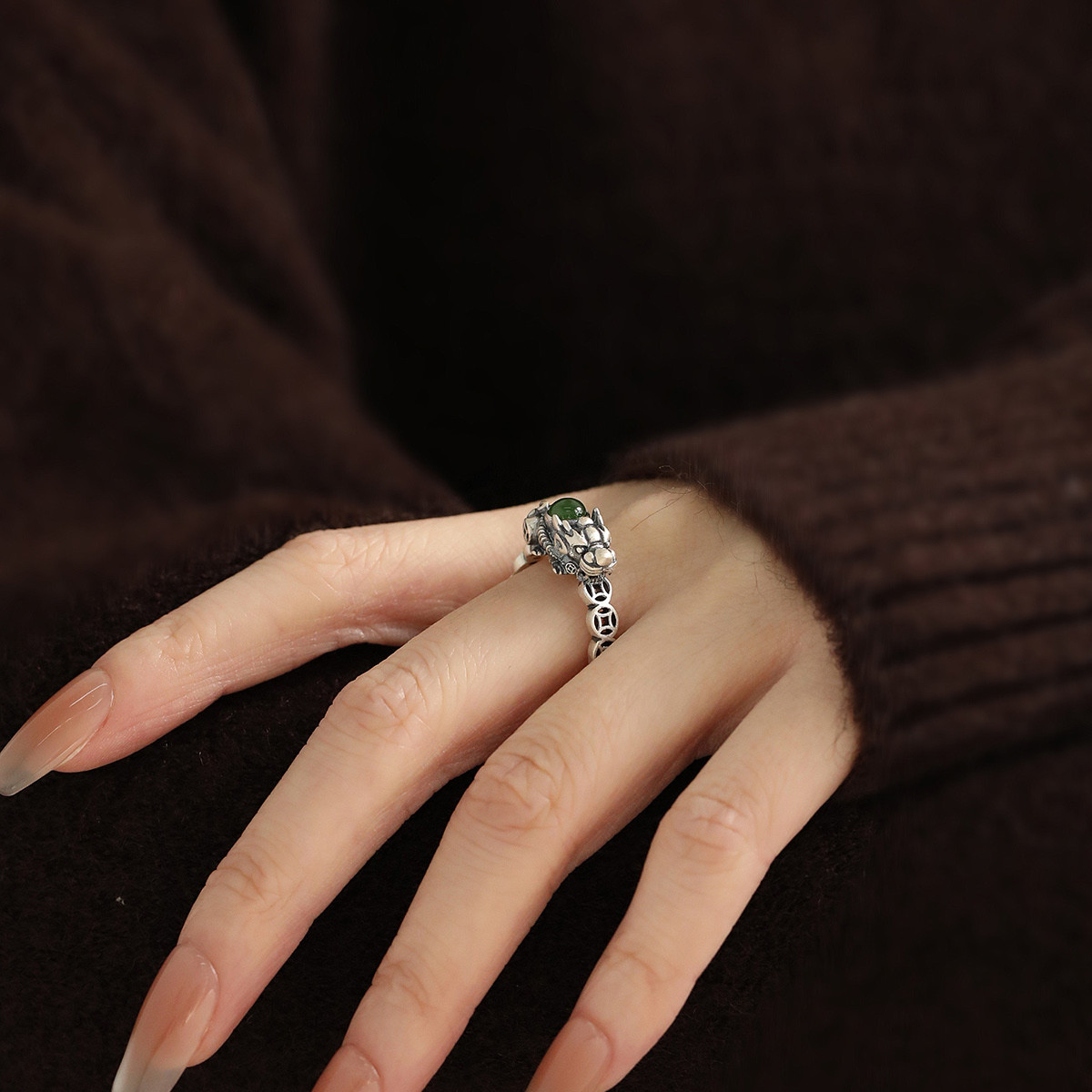 925银国风复古和田玉貔貅戒指女小众设计新中式民族风可调节指环