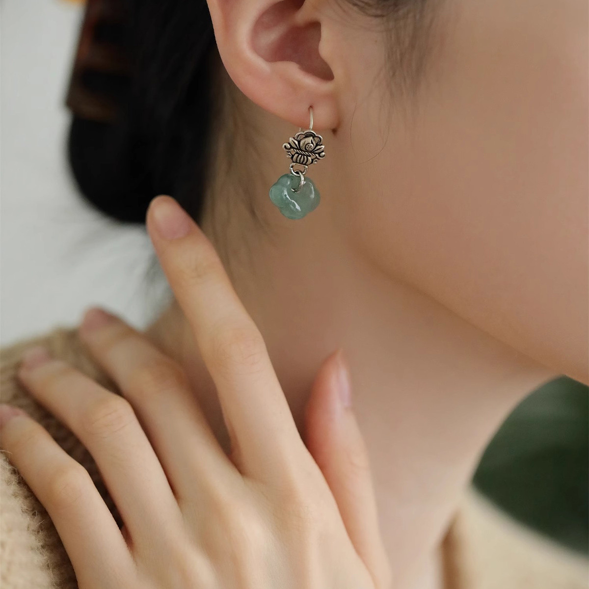 925翡翠A货长命锁耳钩耳环女复古轻奢小众精致气质国风新中式耳饰