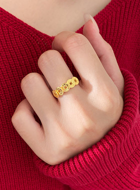 足银999清新甜美ins风小众设计感精致碎冰冰五帝钱铜钱戒指女