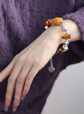 足银琥珀花朵手串民族风复古手链女新中式美拉德首饰小众设计