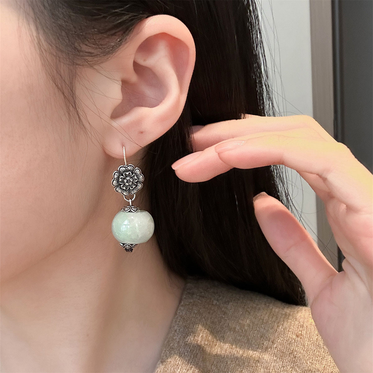 925银翡翠A货耳环女民族风新中式花朵耳钩小众设计高级感轻奢精致