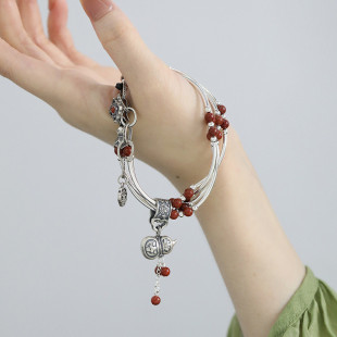 925银南红玛瑙圆珠手链女多层复古葫芦四叶草如意新中式手环饰品