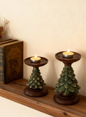 复古圣诞树造型木质烛台摆件