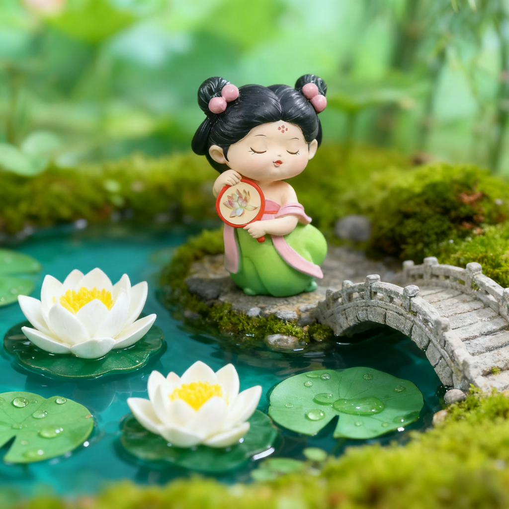 古风仙女小桥流水莲花桌面摆件
