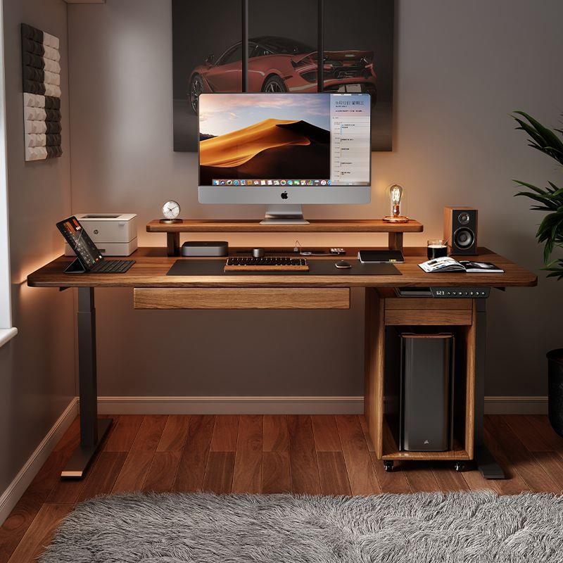 纯实木电动升降桌电脑桌办公桌智能双电机工作台胡桃木色学习书桌