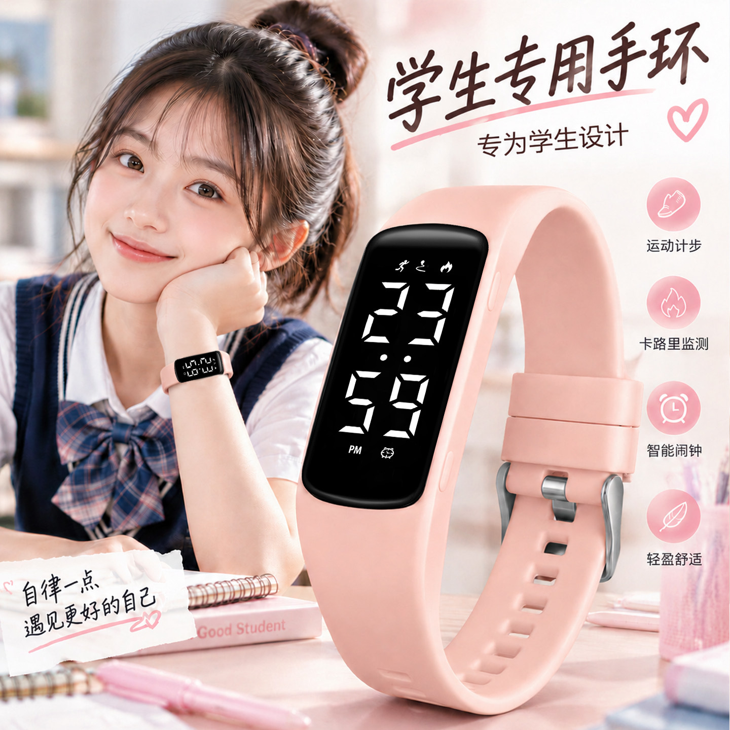 智能运动手表女款学生专用防水计步初中高中生无声震动闹钟手环