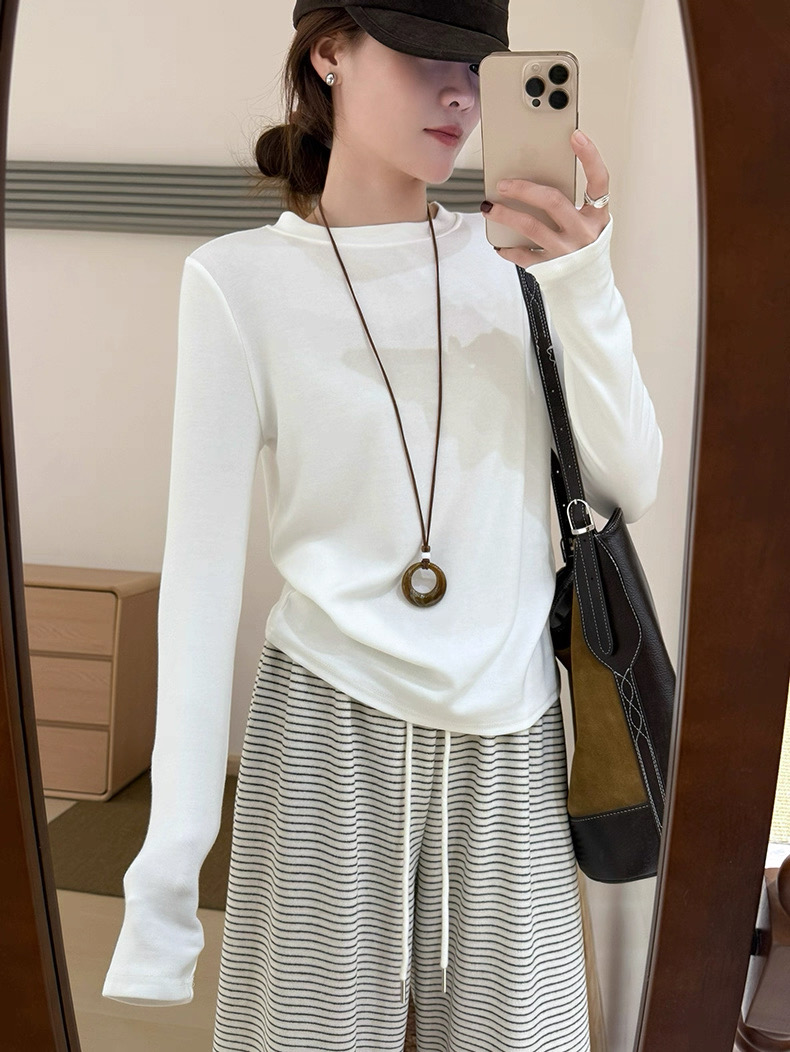 E念8003秋冬季圆领打底衫2025加绒显瘦纯色百搭内搭通勤打底衫