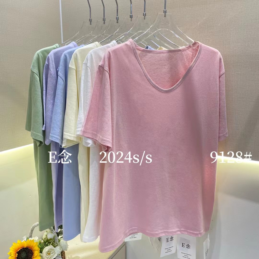 E念8628宽松大版V领短袖T恤女雪花棉薄款透气舒适纯色百搭上衣女