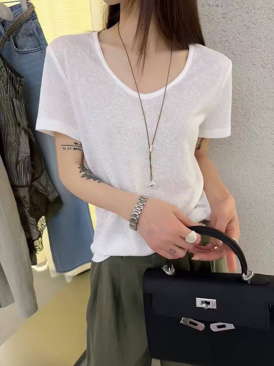 E念8832夏季新款韩版慵懒风宽松大版U领短袖T恤女百搭休闲上衣女