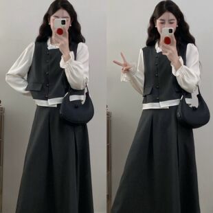 新款 春季 韩版 复古气质套装 女 大码 胖mm设计感撞色上衣半裙套装 女装