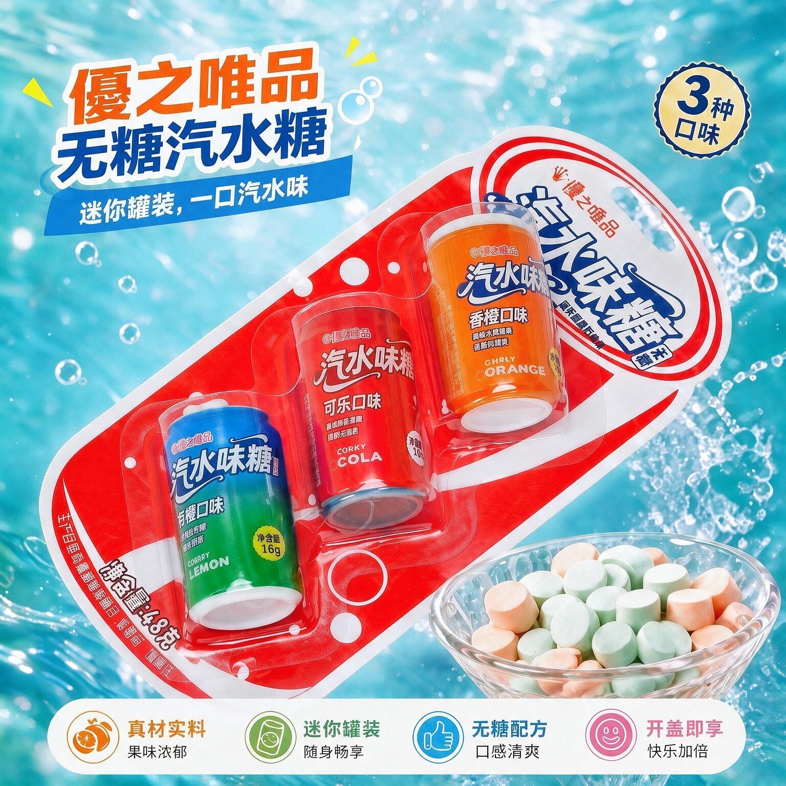 优之唯品无糖汽水味糖迷你小罐装清新口气含片混合水果味怀旧零食