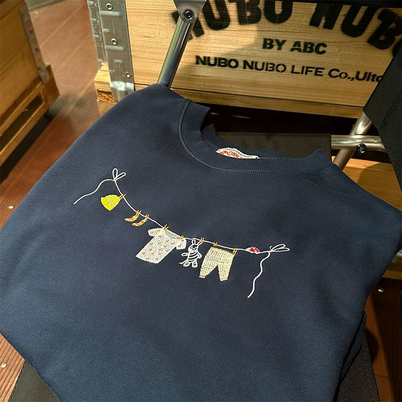 韩版宽松减龄重工精细刺绣晾衣服小可爱深蓝色圆领卫衣纯棉外套潮