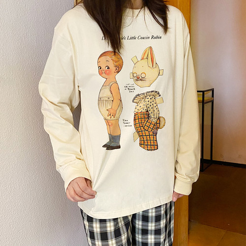 冬季新款圆领米黄色复古换装娃娃打底衫宽松休闲套头女士长袖T恤