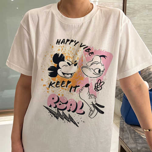 夏季新款美式卡通趣味涂鸦米奇印花纯棉短袖T恤女宽松休闲百搭潮