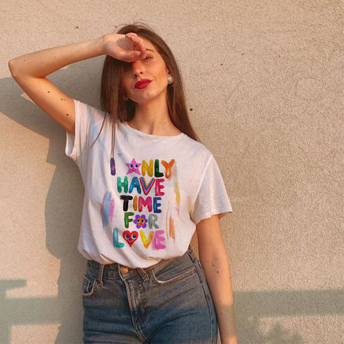 自制23夏季新款彩虹字母涂鸦全棉印花宽松百搭圆领白色短袖T恤女