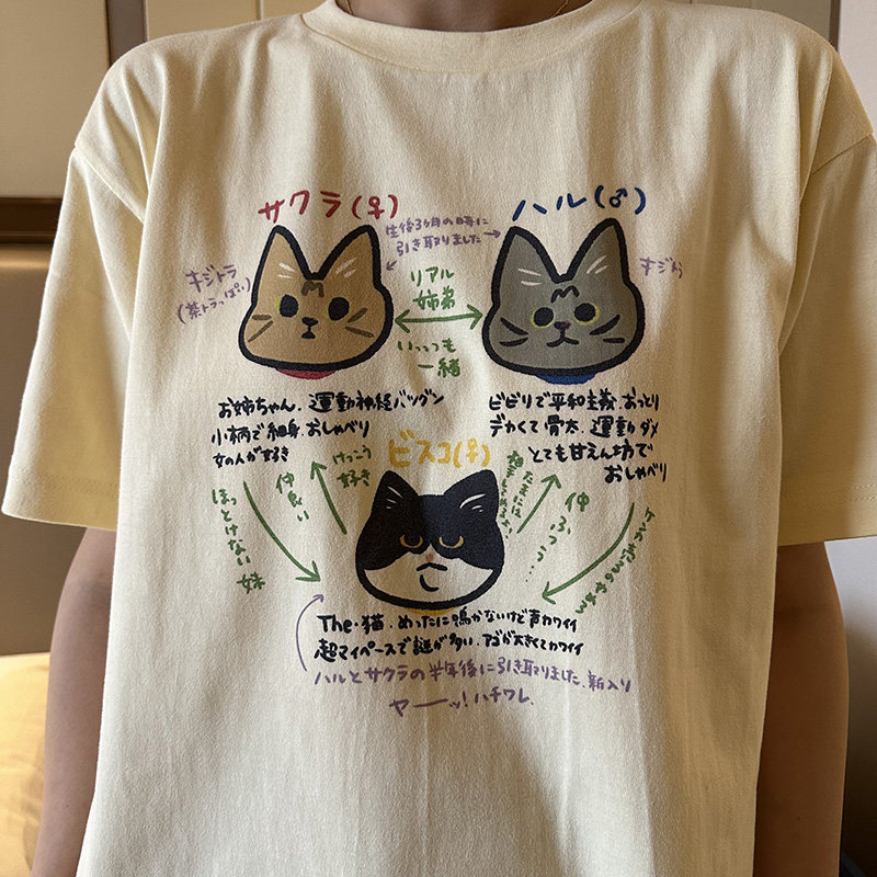 夏新款手绘可爱招财猫眯头像纯棉印花宽松显瘦百搭圆领短袖T恤潮